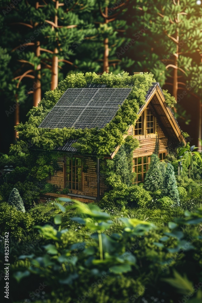 A house covered in green plants and surrounded by trees. The house is small and he is a cottage. The lush green plants on the roof and the surrounding greenery give the impression of a peaceful A house covered in green plants and surrounded by trees. The house is small and he is a cottage. The lush green plants on the roof and the surrounding greenery give the impression of a peaceful