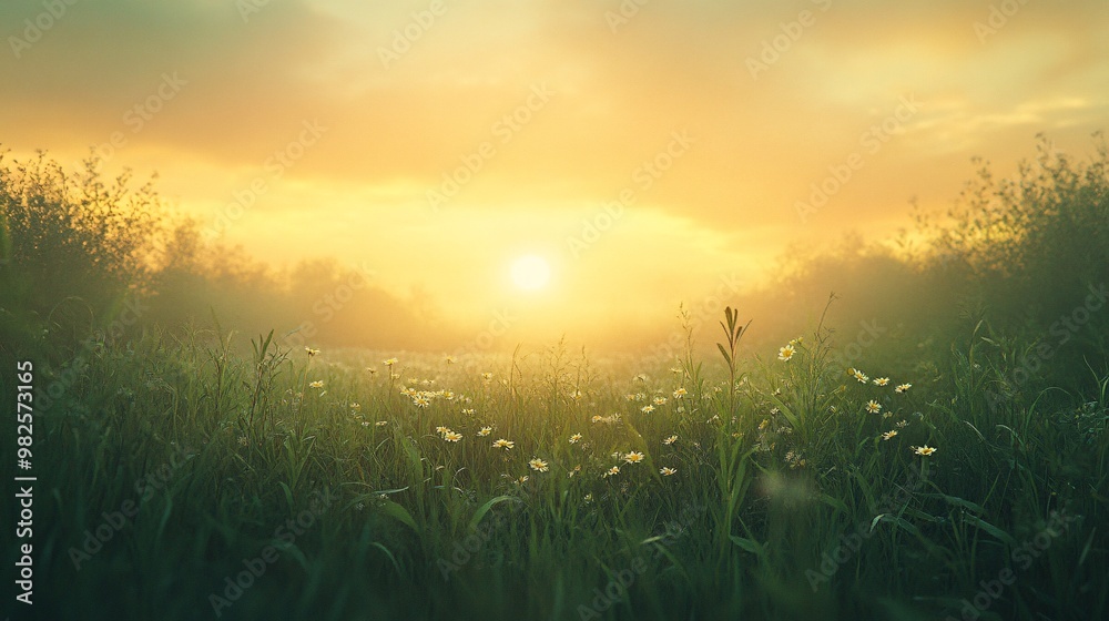 Golden Sunrise Over a Field of Daisies and Fog Golden Sunrise Over a Field of Daisies and Fog