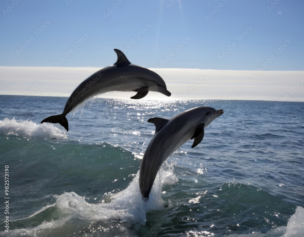 Fototapeta premium Dolphins mid-air above the sea