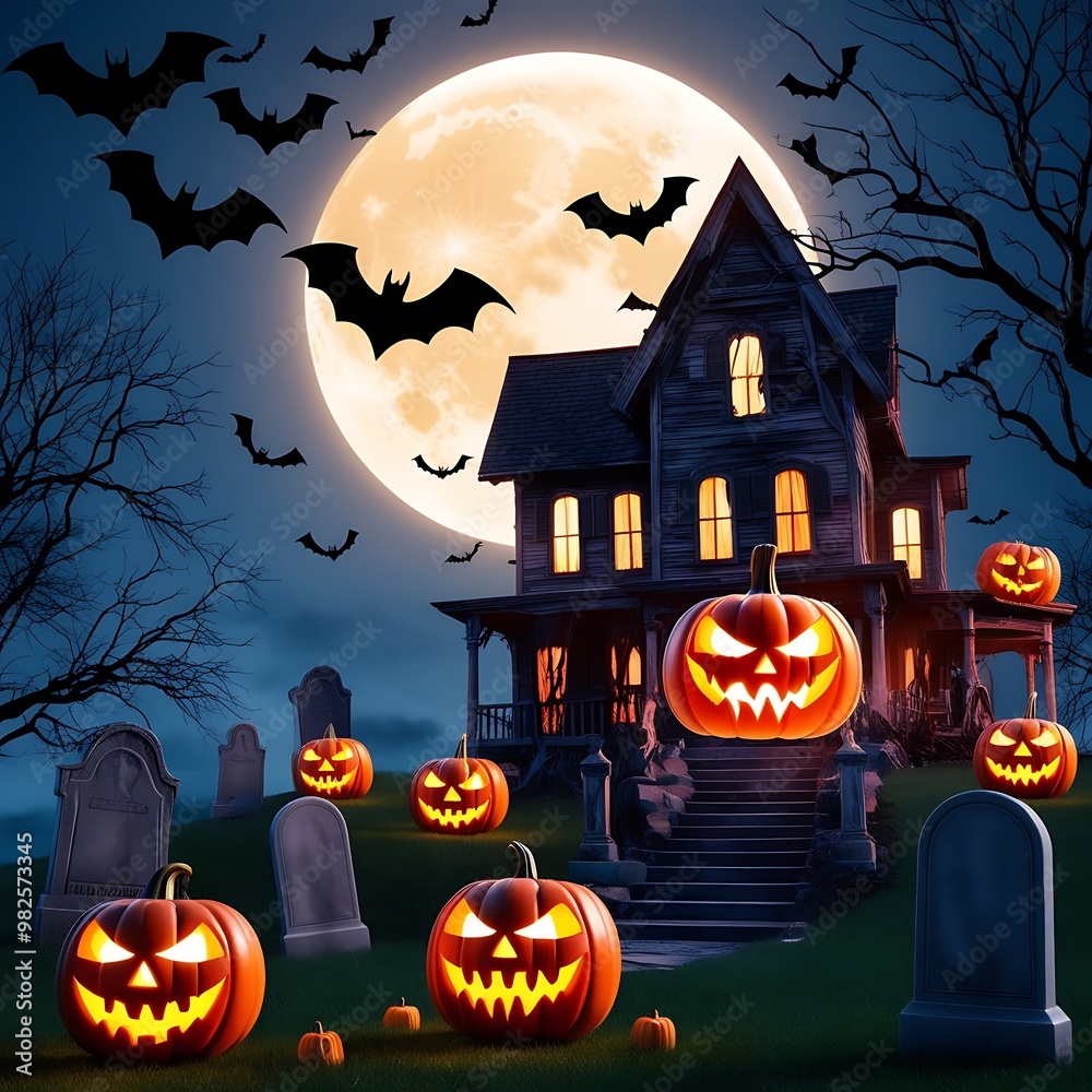 Fototapeta premium Photo Spooky Halloween Night Haunted House Under a Full Moon ai generative