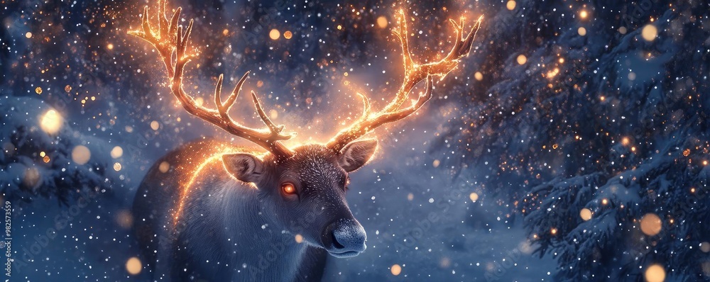 Fototapeta premium A majestic reindeer with glowing antlers stands in a snowy landscape, capturing the essence of winter magic and festive allure.