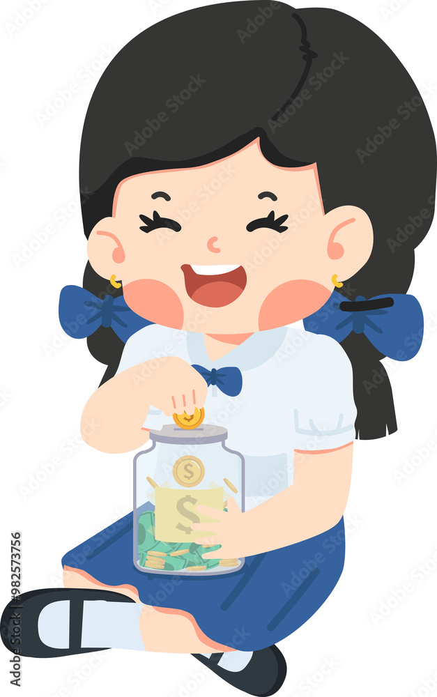 girl student holding glass of money jar coin girl student holding glass of money jar coin