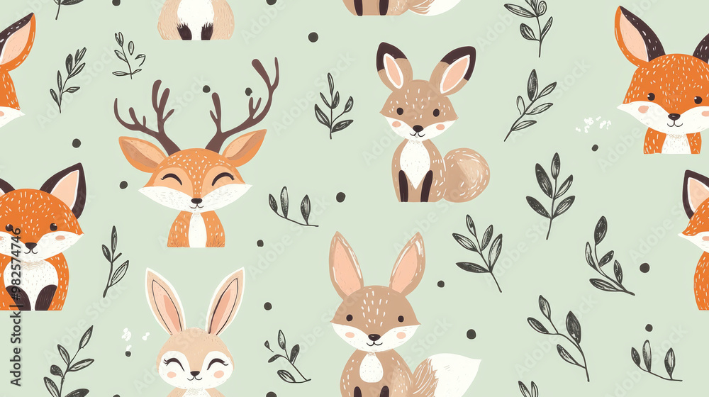 Charming seamless vector pattern featuring adorable woodland animals with playful expressions on a soft green background Charming seamless vector pattern featuring adorable woodland animals with playful expressions on a soft green background