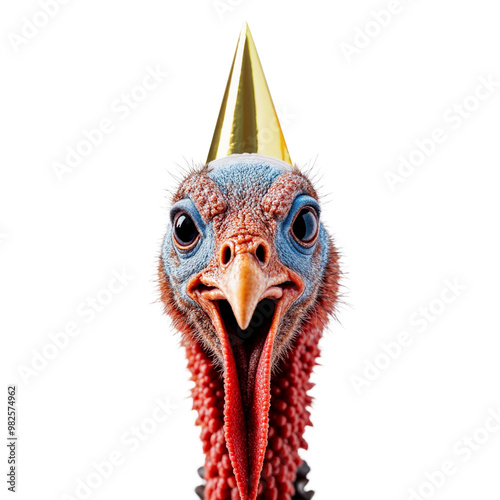 Turkey with golden party hat looking surprised photo