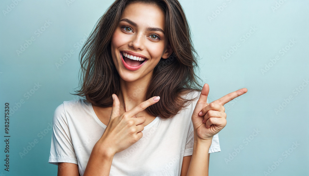 Cheerful Young Woman Smiling and Pointing with Joy Against a Soft Blue Background Cheerful Young Woman Smiling and Pointing with Joy Against a Soft Blue Background
