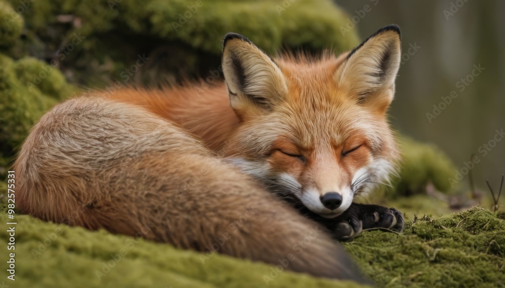 Sleeping fox on a bed of moss Sleeping fox on a bed of moss