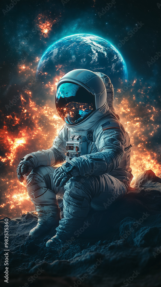 Astronaut portrait on the Moon with explosions on the background. Astronaut portrait on the Moon with explosions on the background.