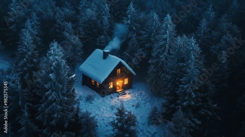 house surrounded by forest winter snow photo