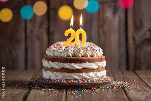 20th birthday cake with whipped cream, sprinkles, candles, and number 20 on wooden background with colorful bokeh lights