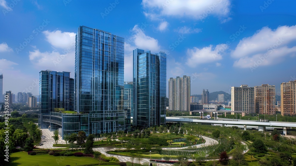 A captivating view of the background with modern commercial high - rise buildings. The buildings have sleek and stylish designs. They stand tall and proud, reaching towards the sky. There are large gl A captivating view of the background with modern commercial high - rise buildings. The buildings have sleek and stylish designs. They stand tall and proud, reaching towards the sky. There are large gl