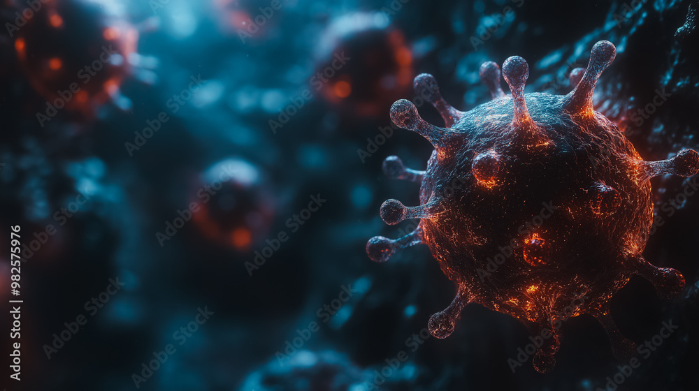 A close up of a virus with a dark background. The virus is surrounded by a blue and black color scheme A close up of a virus with a dark background. The virus is surrounded by a blue and black color scheme