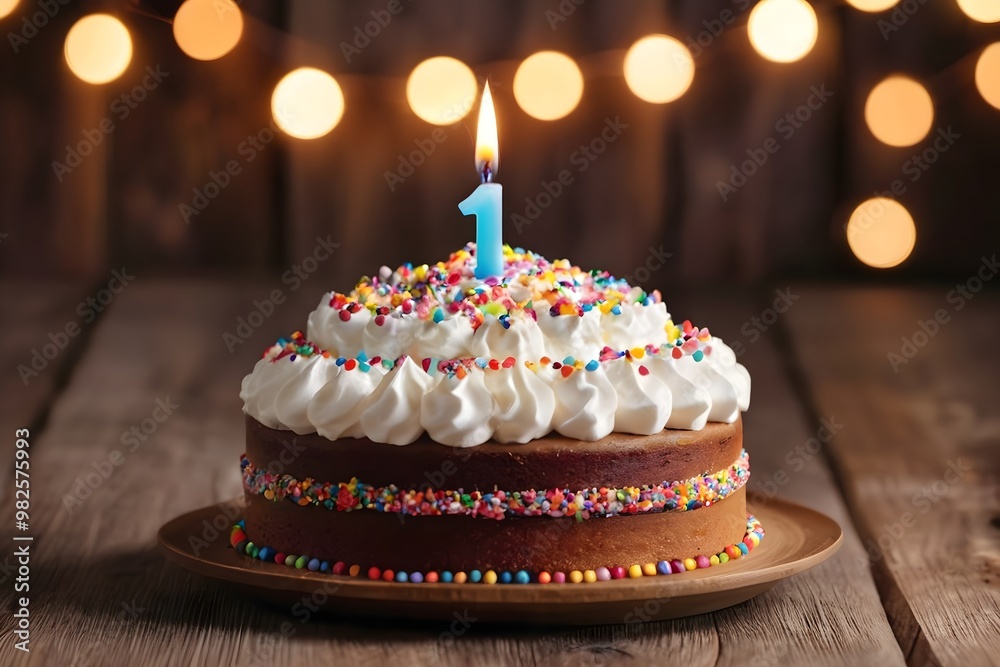 1st birthday cake with whipped cream, sprinkles, candle, and number 1 on wooden background with lights 1st birthday cake with whipped cream, sprinkles, candle, and number 1 on wooden background with lights