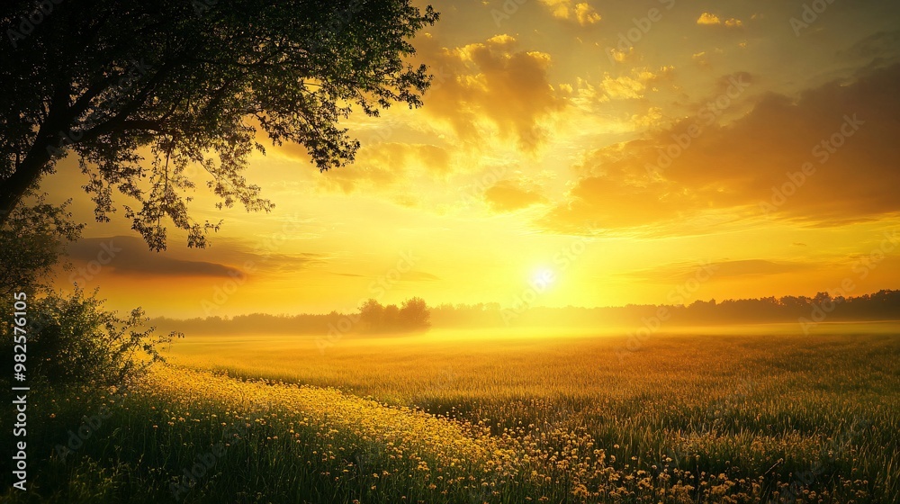 Golden Sunset Over a Field of Flowers and Trees Golden Sunset Over a Field of Flowers and Trees