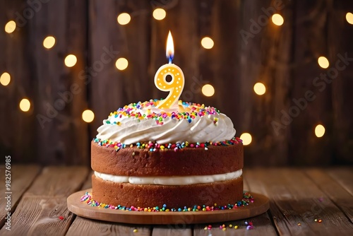 9th birthday cake with whipped cream, sprinkles, candle, and number 9 on wooden background with bokeh lights