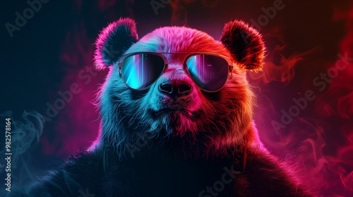 Panda with sunglasses in front of a neon smokey background