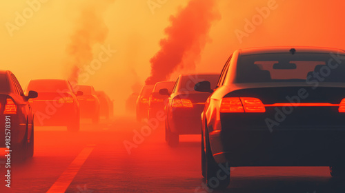 Car emitting exhaust in a traffic jam under a smogfilled sky, symbolizing the environmental impact of urban transportation photo