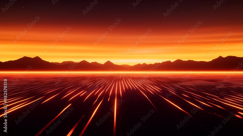 Endless neon grid stretching across a desert, with wireframe mountains under a glowing orange sunset Endless neon grid stretching across a desert, with wireframe mountains under a glowing orange sunset