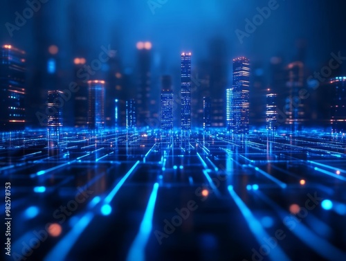 Futuristic neon grid city with glowing skyscrapers, electric neon roads under a cyan sky