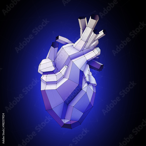 Illustration of geometric lines connecting to form a human heart on a dark blue background. For medical, educational, scientific, industrial and commercial use.