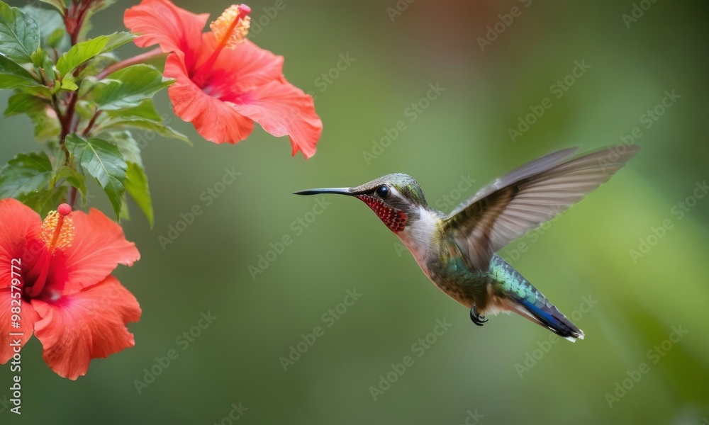 Fototapeta premium Hummingbird and Red Hibiscus Flower
