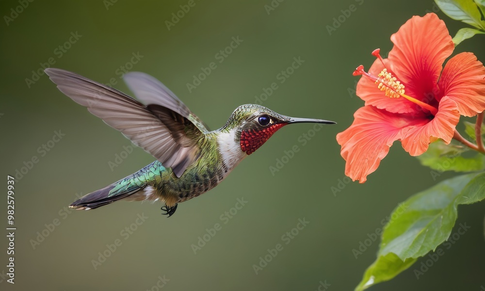 Fototapeta premium Hummingbird Mid-flight Approaching Flower