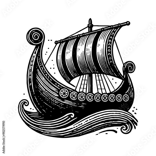 viking ship engraving black and white outline