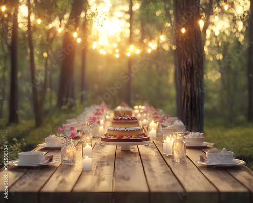 Very Long Wooden Table with Assorted Food and Cake | Grand Feast and Decorative Dining Spread photo