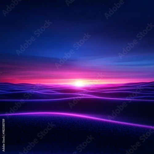 Scifi neon grid desert landscape with electric purple and cyan hues under a digital sunset
