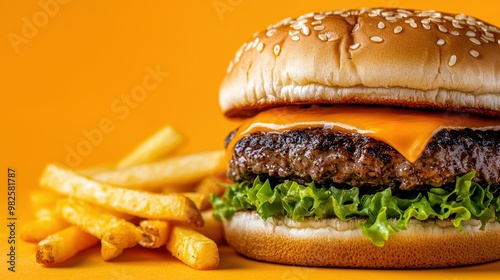 A mouth-watering cheeseburger with fresh lettuce and crispy fries, perfect for fast food cravings against a bright yellow background. photo