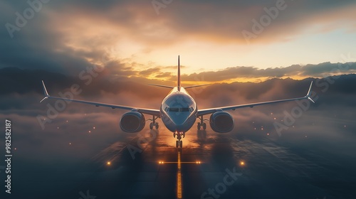 Airplane preparing for takeoff on a runway at sunrise with dramatic clouds and mist in the background photo