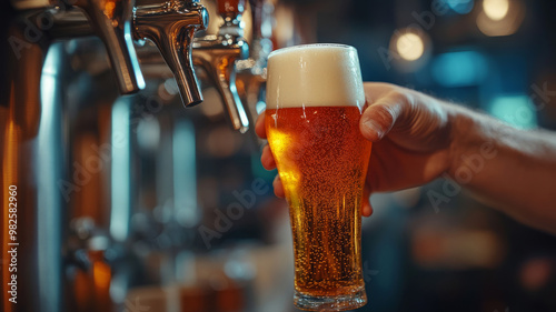 Hand holding a pint of beer being poured from a tap. photo