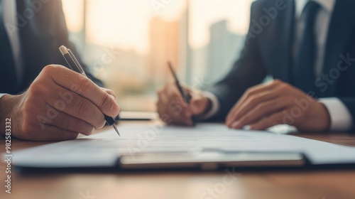 Two men in suits writing on a piece of paper