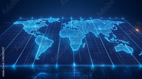 Green energy concept: glowing solar panel with world map on dark blue. Sustainable energy design. 