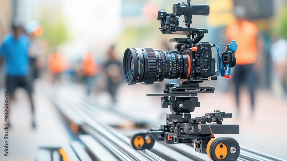 Fototapeta premium Camera dolly moving smoothly along tracks during a shoot, cinematic movement