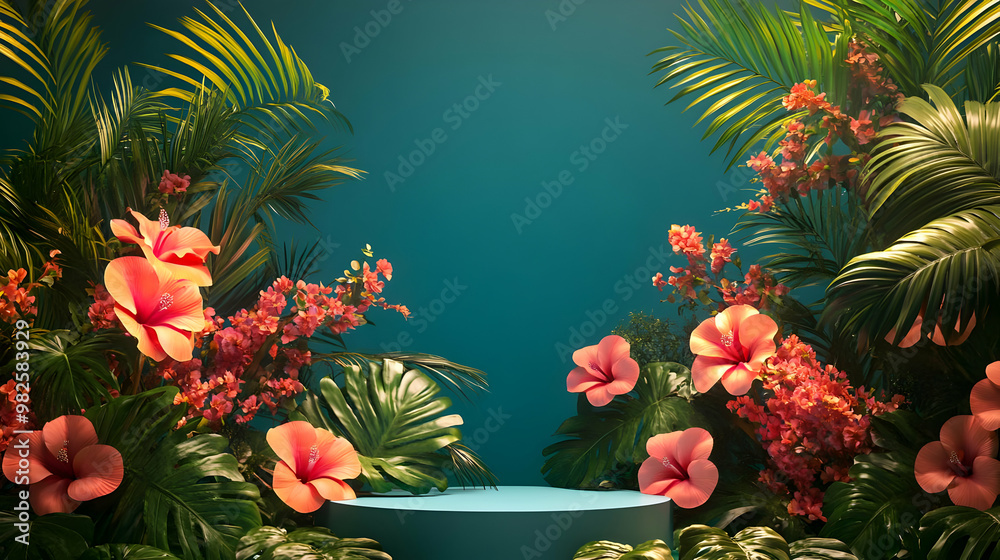 Vibrant tropical setup with lush green leaves and colorful flowers against a blue backdrop, perfect for creative displays. Vibrant tropical setup with lush green leaves and colorful flowers against a blue backdrop, perfect for creative displays.
