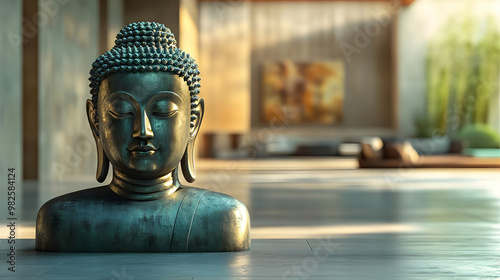 Serene indoor scene featuring a bronze Buddha statue, symbolizing peace and tranquility in a modern setting.