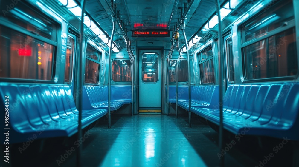 Empty Subway Train Car with Dim Nighttime Lighting Empty Subway Train Car with Dim Nighttime Lighting