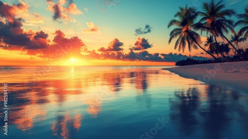 Tranquil Sunset Over Palm Trees and Sandy Beach