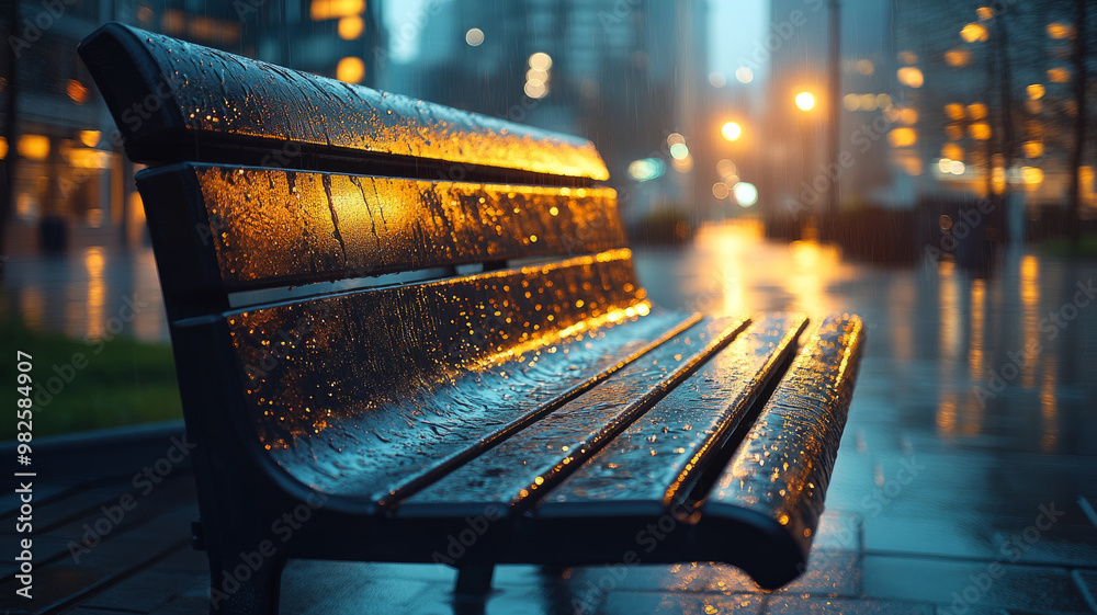 Wet park bench in a rainy city at night with urban lights. Stock Photo ...