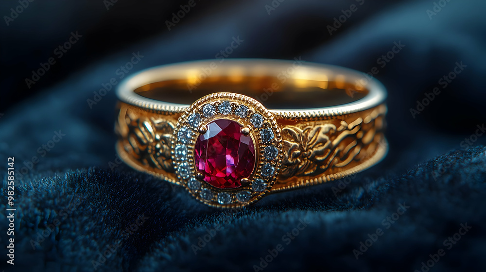 Elegant golden ring featuring a central ruby gemstone with intricate detailing, perfect for jewelry lovers and collectors. Elegant golden ring featuring a central ruby gemstone with intricate detailing, perfect for jewelry lovers and collectors.