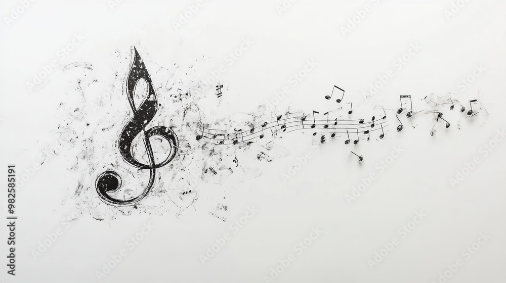 Black treble clef with musical notes on a white background. Black treble clef with musical notes on a white background.