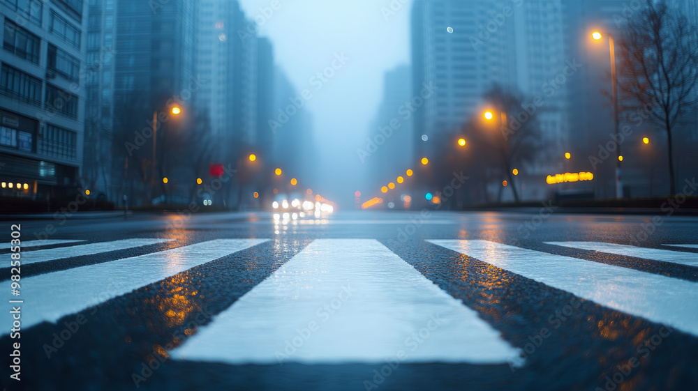Empty crosswalk on foggy city street with illuminated lights. Empty crosswalk on foggy city street with illuminated lights.