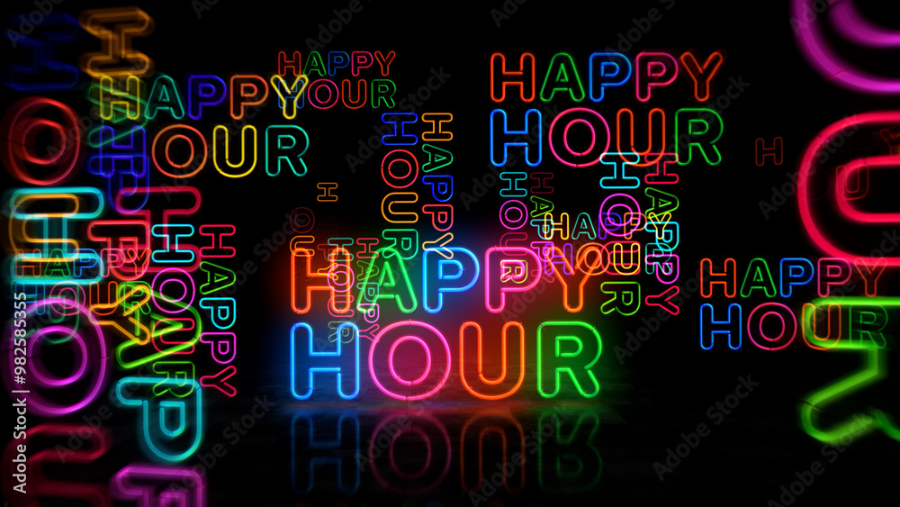 Happy hour promotion neon light 3d illustration Happy hour promotion neon light 3d illustration