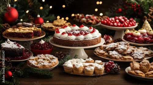 A table filled with traditional Christmas desserts like fruitcake, cookies, and pies