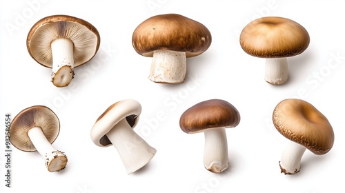 A variety of mushrooms exhibit unique shapes and colors on a white background, ideal for culinary or nature-themed projects.