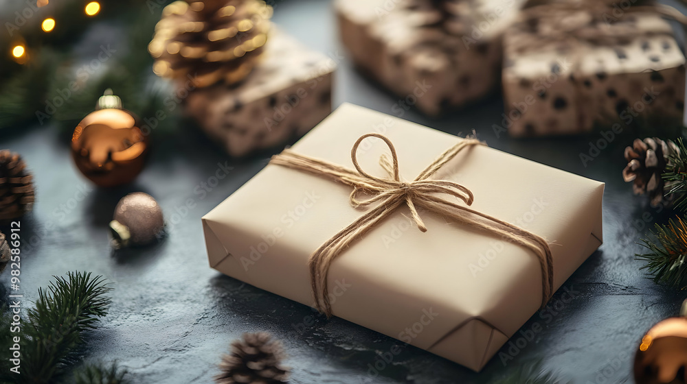 Beautifully wrapped gift box with a bow, surrounded by festive decorations. Perfect for holiday celebrations and special occasions.