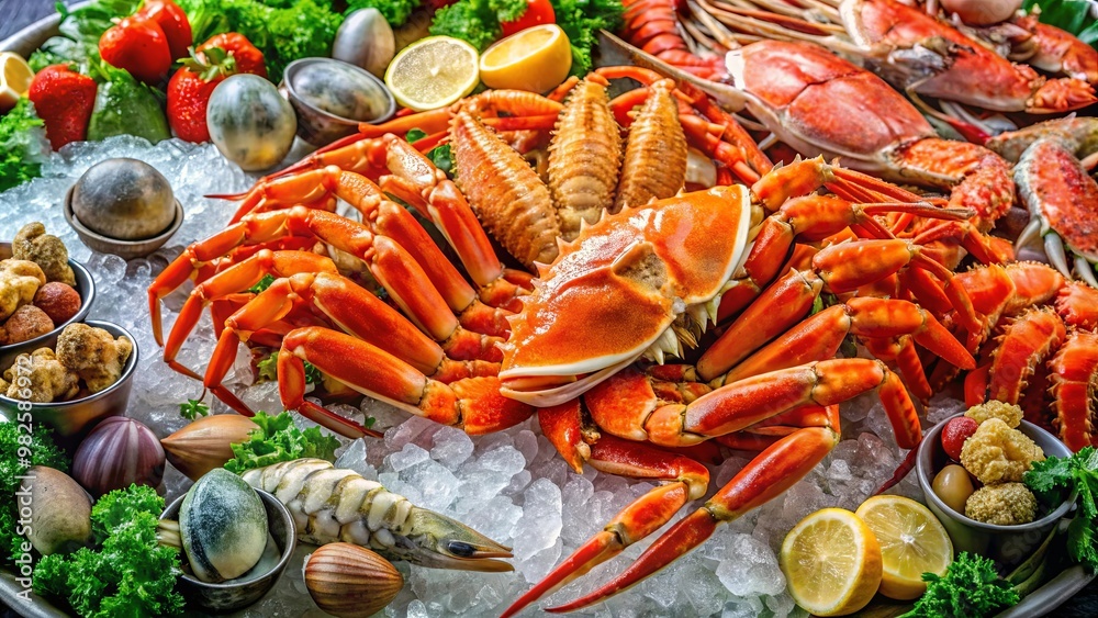 A vibrant seafood platter featuring a variety of crabs, lobster, clams, and shrimp, served over ice with fresh lemon and garnishes. A vibrant seafood platter featuring a variety of crabs, lobster, clams, and shrimp, served over ice with fresh lemon and garnishes.