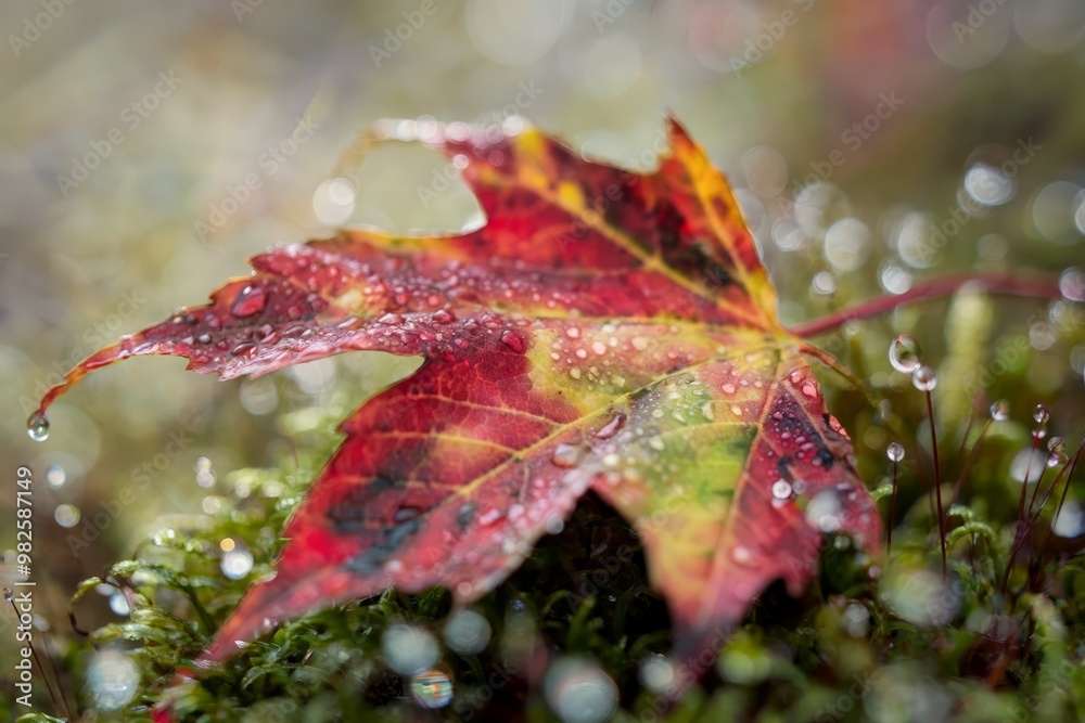 Close-up of a dewy autumn leaf resting on mossy ground, glistening in the light. Close-up of a dewy autumn leaf resting on mossy ground, glistening in the light.