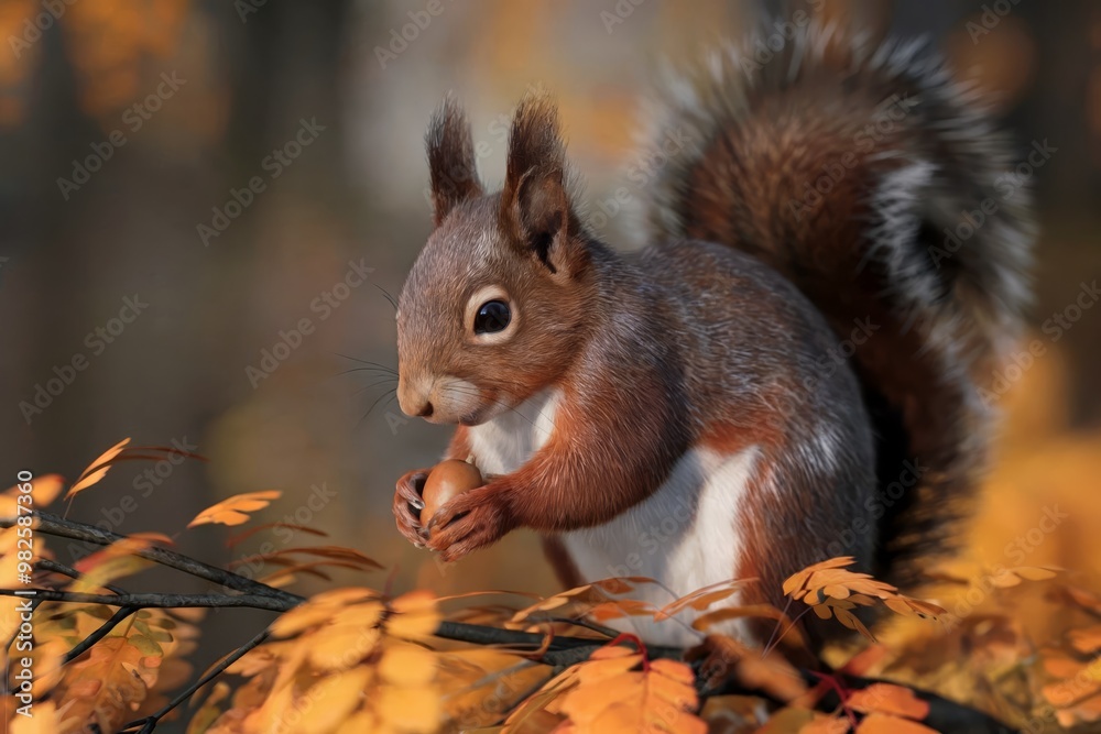 A cute squirrel holding an acorn in a vibrant autumn forest. A cute squirrel holding an acorn in a vibrant autumn forest.