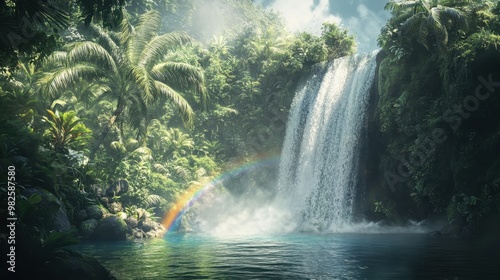 Majestic Waterfall in a Lush Tropical Rainforest